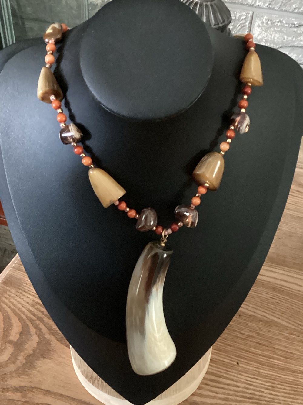 Tribal Horn Pendant Necklace with Horn Pieces & Gold / Orange Spacer Beads